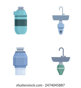 Vector illustration of water purifying bottles and two types of sinks, isolated on white