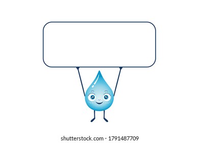 Vector illustration of water or rain drop character holding up a sign board with copy space . Good for banners and cards. Save the water and drink more water theme.