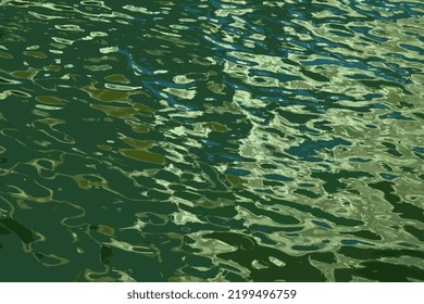 Vector illustration of water ripple texture background. Wavy water surface during sunset, golden light reflecting in the water.
