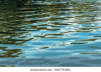 Vector illustration of water ripple texture background. Wavy water surface during sunset, golden light reflected in the water.
