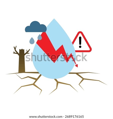 Vector illustration of water scarcity crisis. A water drop with downward red arrow, dry cracked ground, and warning sign symbolize drought, declining water resources, and climate change awareness.