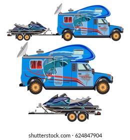Vector illustration of water scooter, camper car and trailer isolated on white background. Flat style design.