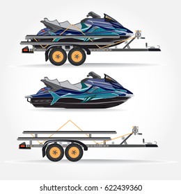 Vector illustration of water scooter, car trailer and trailer with jet boat isolated on white background. Flat style design.