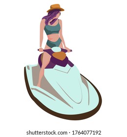 Vector illustration of water scooter isolated on white background. Jet boat in flat style. Active sport and amusement. Young beautiful girl riding a water scooter. Jet scooter. Fit woman in sunglasses