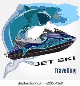 Vector illustration of water scooter, waves and shark isolated. Jet ski rental template in flat style.