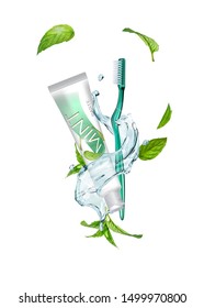 vector illustration water splash mint toothpaste and brush