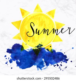 Vector illustration with water splash, rising sun symbol and waves or cloud hand drawn with watercolor. Design template of a card in retro style with text and letters for summer sale in bright colors