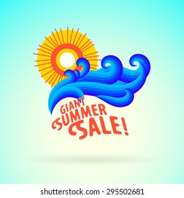 Vector illustration with water splash, sun symbol and waves on aqua blue background. Design template for a logo with ocean and beach. Concept of summer sale ad and vacation in tropics