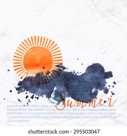 Vector illustration with water splash, sun symbol and sea waves or thundercloud hand drawn with watercolor. Design template of card with text and letters for summer sale ad in grey colors