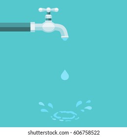 Vector illustration of water tap dripping with water drop and splash in flat style