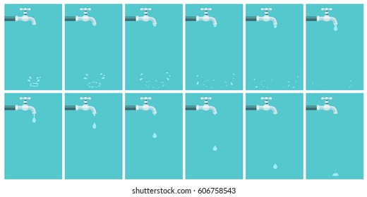 Vector illustration of water tap dripping with water drop and splash. Sprite sheet on blue background. Can be used for GIF animation