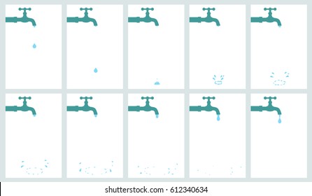 Vector Illustration Of Water Tap Dripping With Water Drop And Splash. Sprite Sheet Isolated On White Background. Can Be Used For GIF Animation