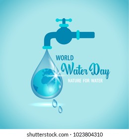 Vector illustration of water tap with the Earth globe inside water drop on blue background