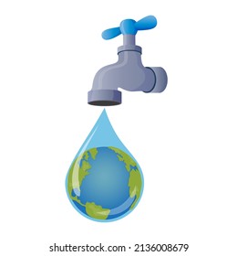 Ilustración vectorial del grifo de agua con el globo terrestre dentro de la gota de agua sobre fondo blanco