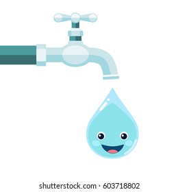 Vector illustration of water tap with smiling water drop isolated on white background