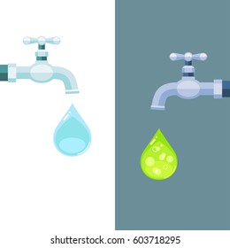 Vector illustration of water taps with clean and toxic drops