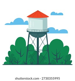 Ilustración vectorial de torre de agua edificio de la granja en el paisaje rural perfecto para la vida en el campo paisaje de la aldea agrícola o rural temática diseños
