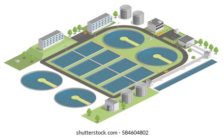 Vector illustration of a water treatment plant, swimming pool. Isometric factory. infographics. low poly.