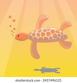 Vector illustration of a water turtle. A swimming water turtle with air bubbles coming from its mouth. Illustration in warm colors. Underwater life, carapace, turtle, shadow.