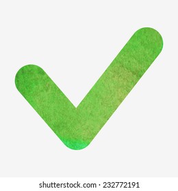 Vector illustration. Watercolor or aquarelle check or agree sign. Hand drawn green icon isolated on white background.