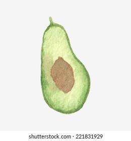 Vector illustration. Watercolor or aquarelle half of avocado. Hand-drawn object isolated on white background.