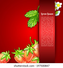 vector illustration. watercolor blank from leaves and flowers strawberries on a red background