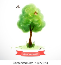 Vector illustration. Watercolor blossom tree with green foliage and grass near the trunk. Cartoon birds and birdhouse. Hand drawing. Ribbon for your text.