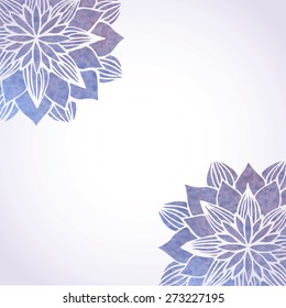 Vector illustration with watercolor blue violet flower patterns on white background. Oriental indian style. Vector elements for design of banner, card, invitation
