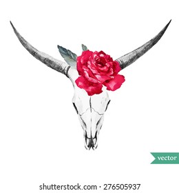 vector illustration watercolor bull's head with rose and feathers