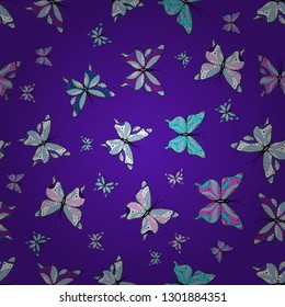 Vector illustration. Of watercolor butterflies on white, blue and violet background. Abstract seamless pattern for boys, girls, clothes, wallpaper. Fantasy cute illustration.