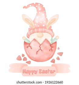 Vector illustration watercolor cartoon Pink Easter Egg Bunny Gnome cute Happy Easter day greeting card isolated on white background