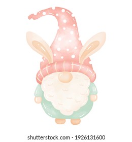 Vector illustration watercolor cartoon Pink Easter Egg Bunny Gnome cute Happy Easter day greeting card isolated on white background