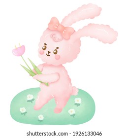 Vector illustration watercolor cartoon Pink Bunny hold tulip flower cute Happy Easter day greeting card isolated on white background