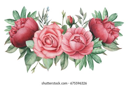 Vector illustration of watercolor charming combination of Flowers and Leaves, isolated on white background