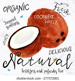 Vector illustration of watercolor coconut, hand drawn in in 1950s or 1960s style. Concept for farmers market, organic food, natural product design, soap package, coconut oil, etc.
