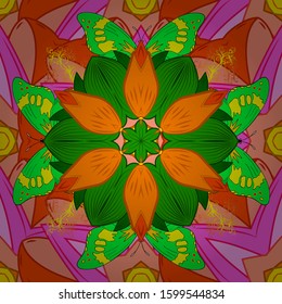 Vector illustration. Watercolor colors butterflies isolated on green, orange and pink background. In vintage style. Pretty vector butterfly with spring palette for child.
