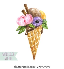 Vector illustration - watercolor composition of flowers peony and anemone and tasty ice cream with cinnamon in waffle cone