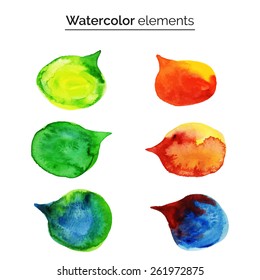 Vector illustration. Watercolor design elements. Colorful isolated aquarelle template for speech. Blank speech bubble dialog circle shape on white background. Empty copy-space for your text or signs.