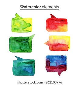 Vector illustration. Watercolor design elements. Colorful isolated aquarelle template for speech. Blank speech bubble dialog square shape on white background. Empty copy-space for your text or signs.