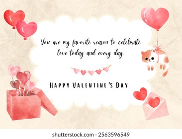 Vector illustration watercolor design of Valentine greeting card with a cute cat, balloon and text. Valentine celebration, greeting card, Happy Valentines Day.