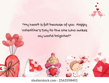 Vector illustration watercolor design of Valentine greeting card with cute character and text. Valentine celebration, greeting cards, Happy Valentines Day.