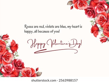 Vector illustration watercolor design of Valentine greeting card with rosses frame and text. Valentine celebration, greeting cards, Happy Valentines Day.