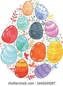 vector illustration, watercolor Easter eggs with a pattern and twigs in the shape of an egg