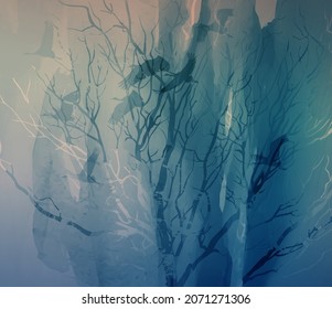 vector illustration with watercolor effect. Flying cranes. Blue