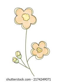Vector illustration of watercolor flower with black line. Design for interior decoration, postcards, paintings and websites. Set of multicolored flowers. Vector isolated flowers on a white background