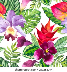 Vector illustration with watercolor flowers. Beautiful seamless background with tropical  plants on white. Composition with calla lily, orchid, anthurium and monstera leaves.
