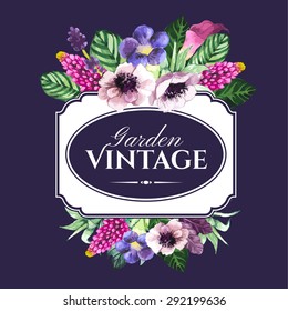 Vector illustration with watercolor flowers. Beautiful bouquet and sign with tropical plants on black background. Composition with calla lily, anenone and leaves.