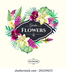 Vector illustration with watercolor flowers. Beautiful bouquet and sign with tropical plants on white background. Composition with monstera and palm leaves, lily and violet orchid.