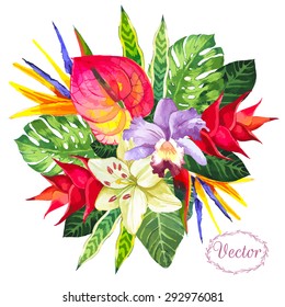 Vector illustration with watercolor flowers. Beautiful bouquet tropical plants on white background. Composition with monstera and palm leaves, lily  orchid and anthurium. Hello summer.