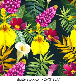 Vector illustration with watercolor flowers. Beautiful seamless background with tropical plants on black. Composition with yellow lily, palm and leaves.
